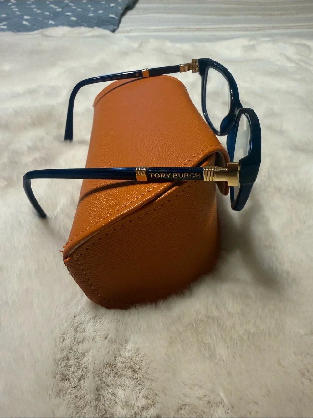 Tory Burch Navy Cat-Eye Glasses with Orange Logo Case